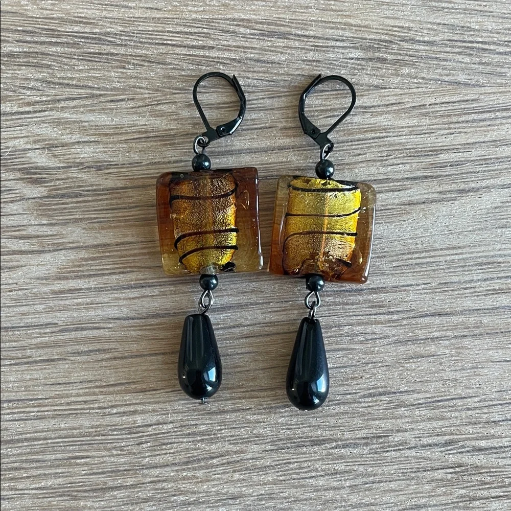 HAND CRAFTED DROP EARRINGS Clear Foil-lined Amber Glass Black Onyx Teardrops